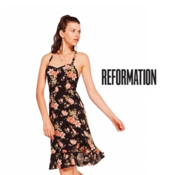 REFORMATION Giselle Dress Midi Floral‎ Black Pink Size S M Garden Party Date - Picture 2 of 10